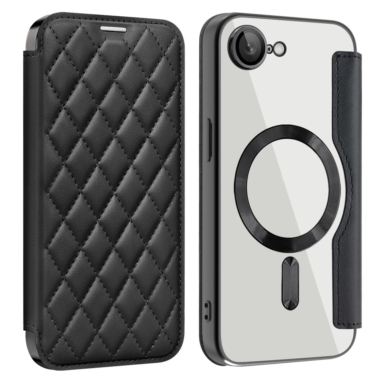 For iPhone 16e Shield Magsafe RFID Anti-theft Rhombus Leather Phone Case(Black)