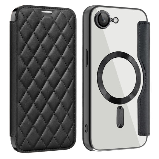 For iPhone 16e Shield Magsafe RFID Anti-theft Rhombus Leather Phone Case(Black)