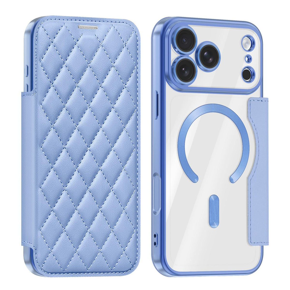 Compatible with iPhone 18 Pro Max Shield Magsafe RFID Anti-theft Rhombus Leather Phone Case - Blue
