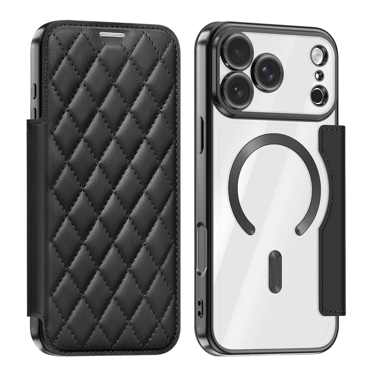 Compatible with iPhone 18 Pro Max Shield Magsafe RFID Anti-theft Rhombus Leather Phone Case - Black