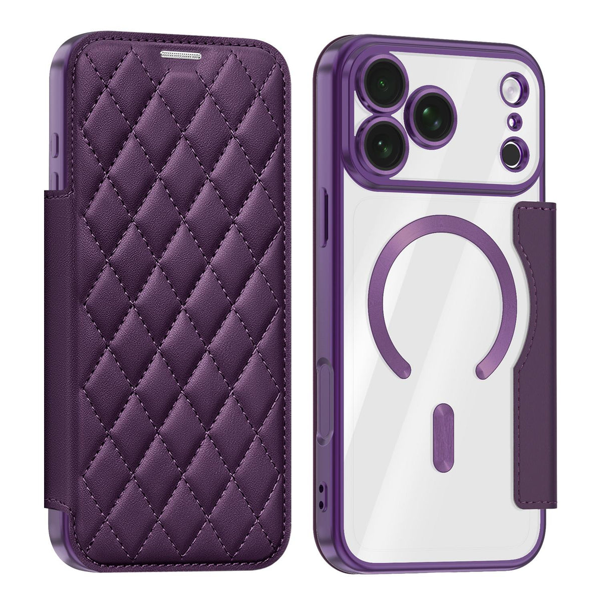Compatible with iPhone 18 Pro Max Shield Magsafe RFID Anti-theft Rhombus Leather Phone Case - Purple