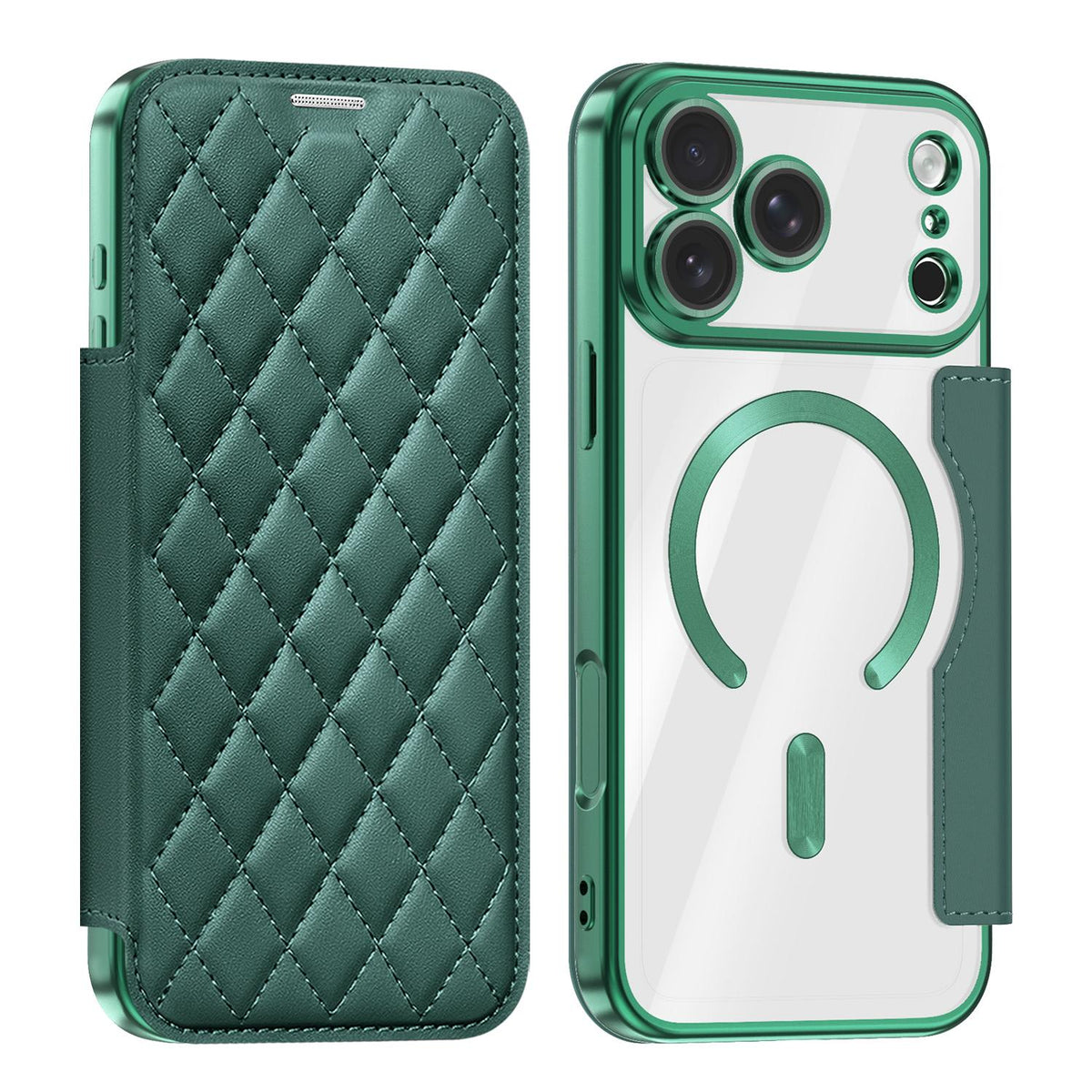 Compatible with iPhone 18 Pro Max Shield Magsafe RFID Anti-theft Rhombus Leather Phone Case - Green