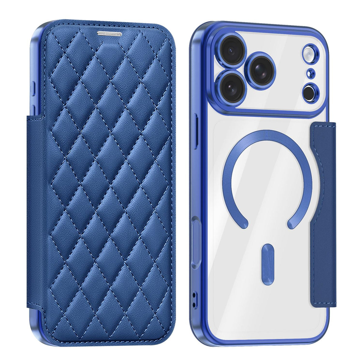 Compatible with iPhone 18 Pro Max Shield Magsafe RFID Anti-theft Rhombus Leather Phone Case - Dark Blue
