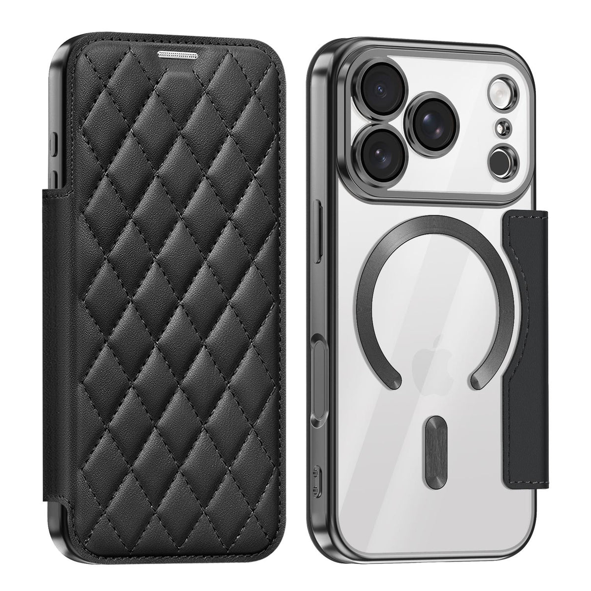 Compatible with iPhone 18 Pro Shield Magsafe RFID Anti-theft Rhombus Leather Phone Case - Black