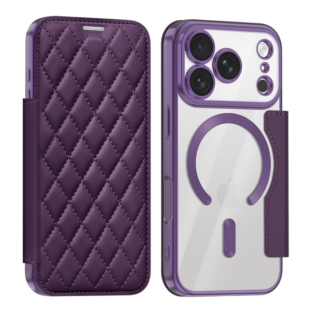 Compatible with iPhone 18 Pro Shield Magsafe RFID Anti-theft Rhombus Leather Phone Case - Purple