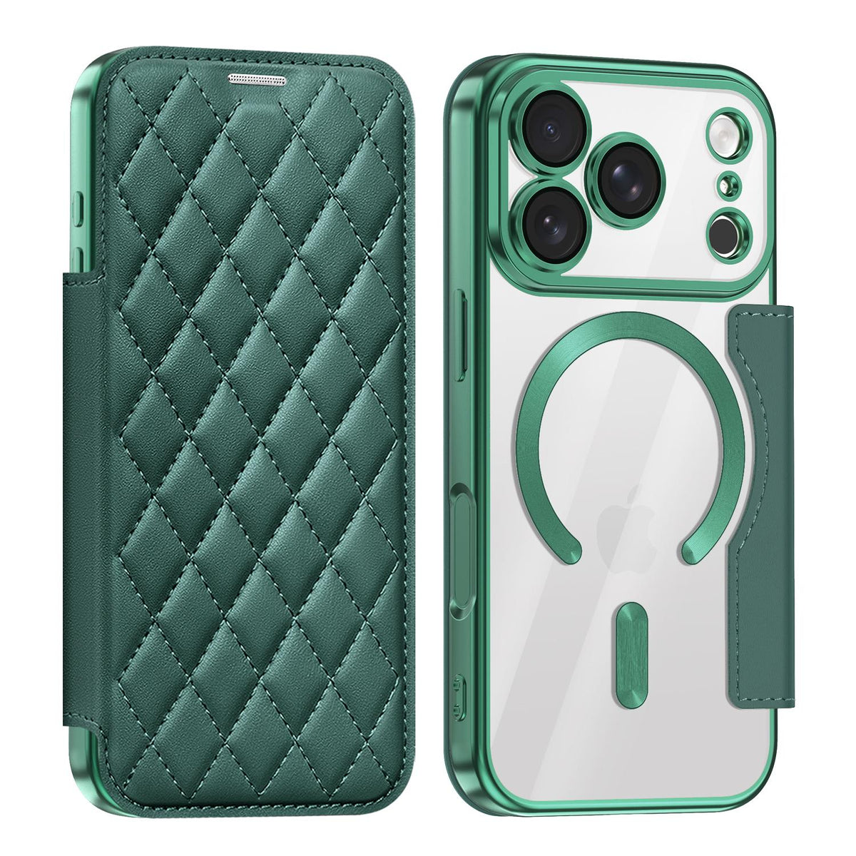 Compatible with iPhone 18 Pro Shield Magsafe RFID Anti-theft Rhombus Leather Phone Case - Green