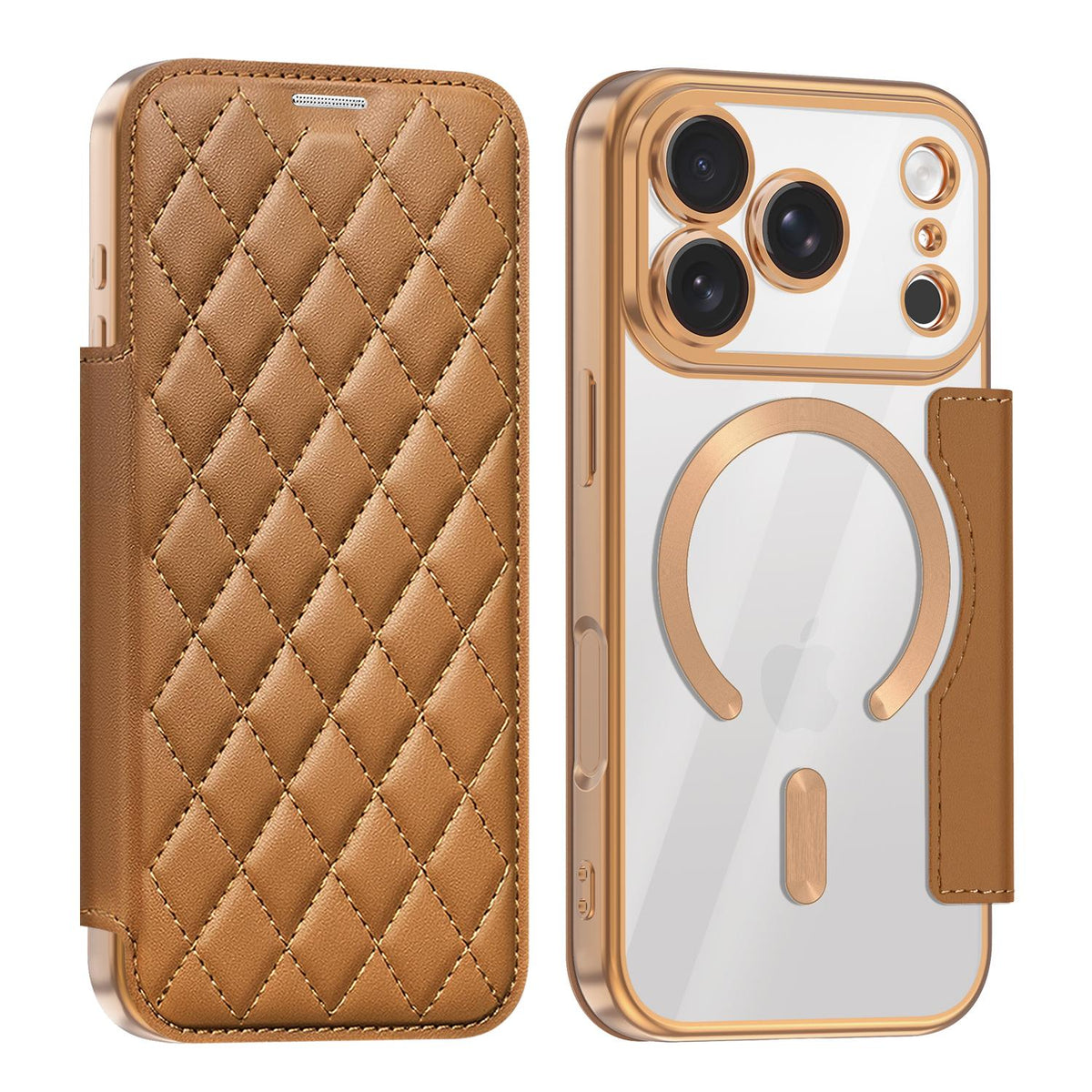 Compatible with iPhone 18 Pro Shield Magsafe RFID Anti-theft Rhombus Leather Phone Case - Brown