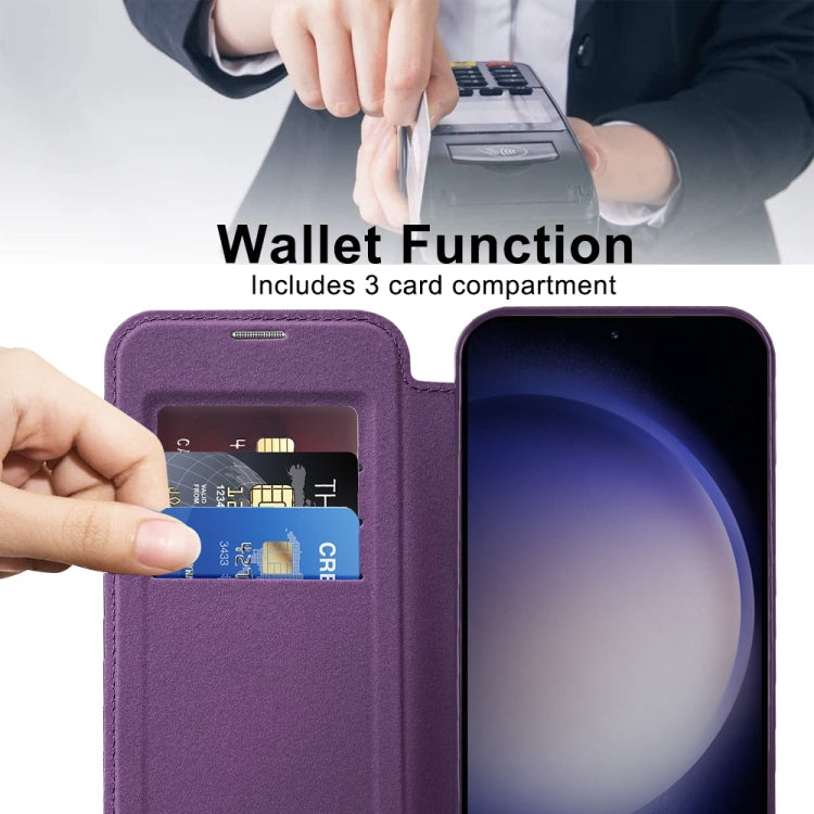 For Samsung Galaxy S24 5G Shield Magsafe RFID Anti-theft Rhombus Leather Phone Case(Purple)