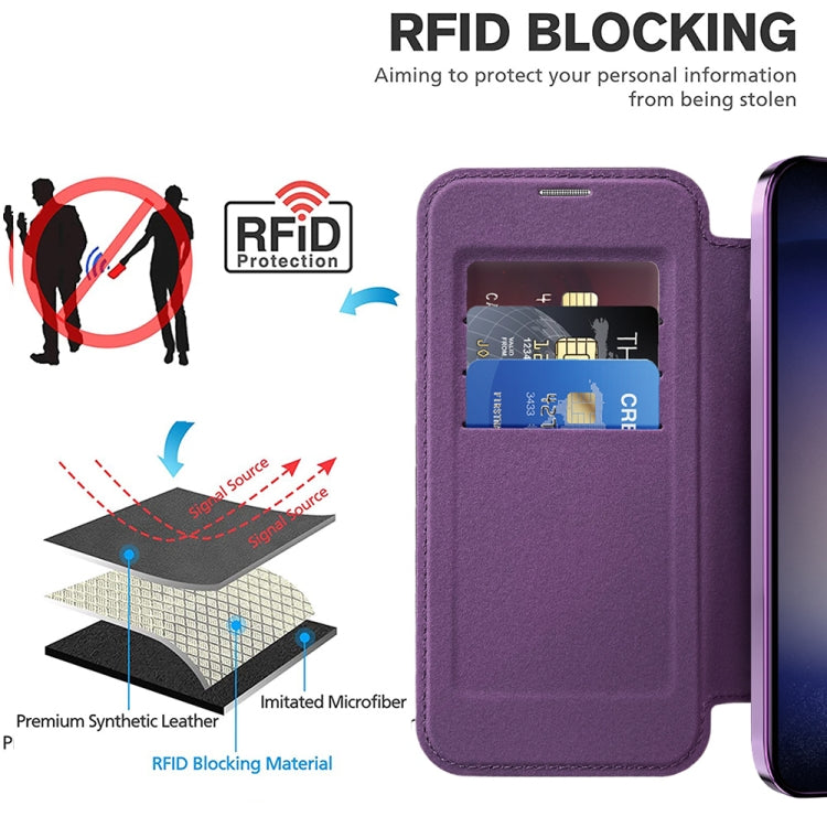 For Samsung Galaxy S24 5G Shield Magsafe RFID Anti-theft Rhombus Leather Phone Case(Purple)