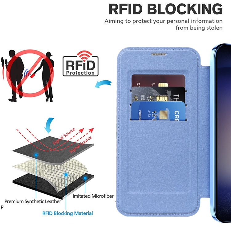 For Samsung Galaxy S24 5G Shield Magsafe RFID Anti-theft Rhombus Leather Phone Case(Blue)