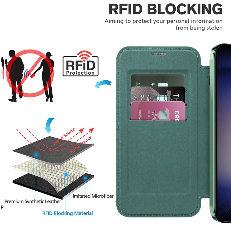 For Samsung Galaxy S24 5G Shield Magsafe RFID Anti-theft Rhombus Leather Phone Case(Green)