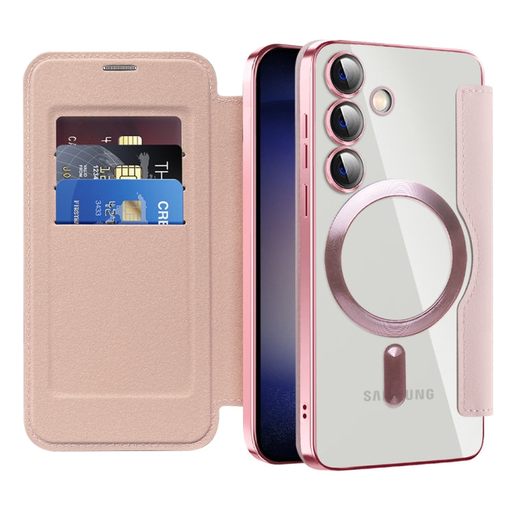 For Samsung Galaxy S24 5G Shield Magsafe RFID Anti-theft Rhombus Leather Phone Case(Pink)