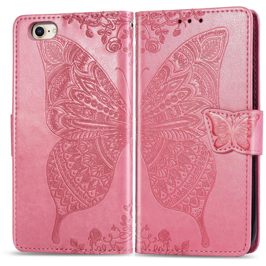 For iPhone 16e Butterfly Love Flower Embossed Leather Phone Case(Pink)