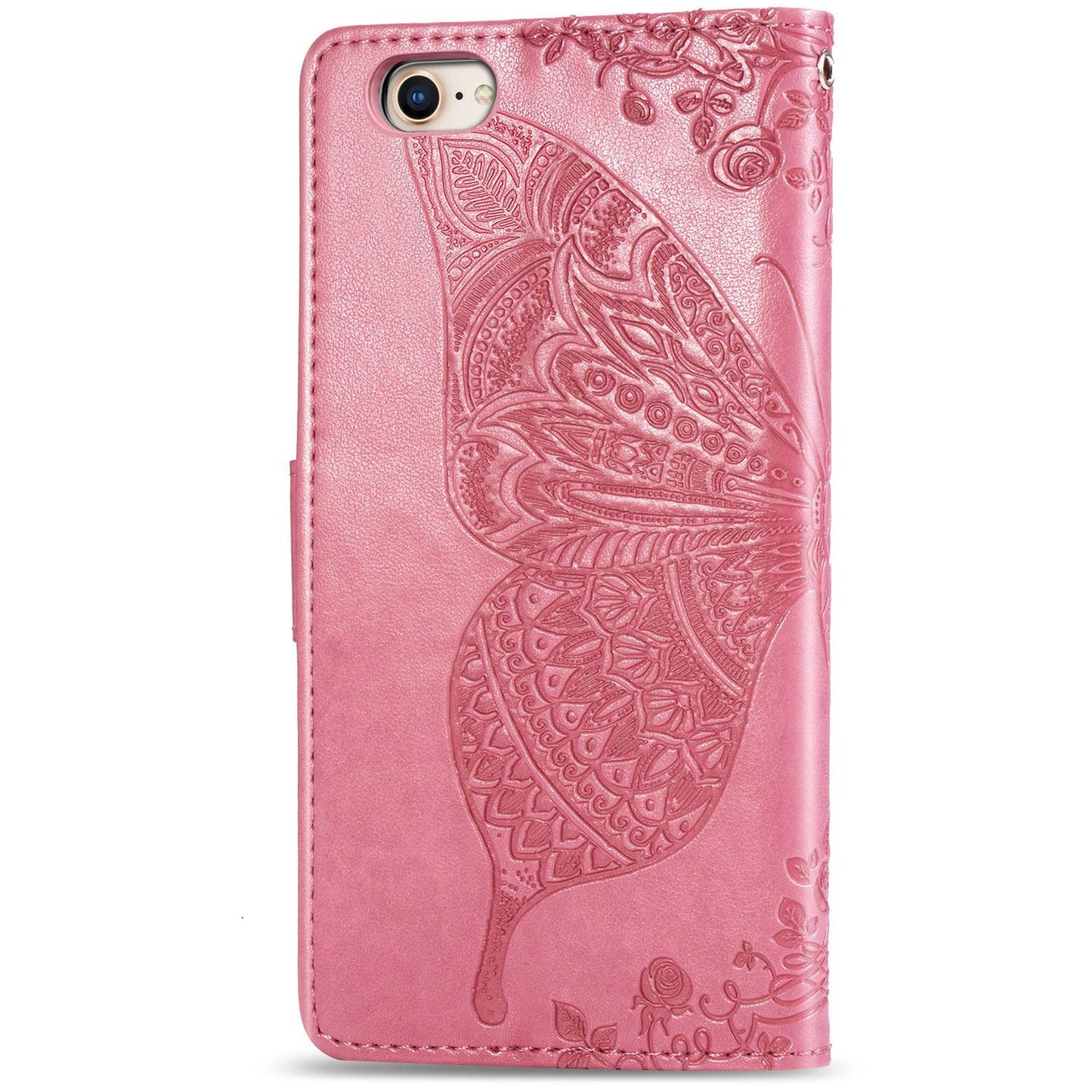 For iPhone 16e Butterfly Love Flower Embossed Leather Phone Case(Pink)