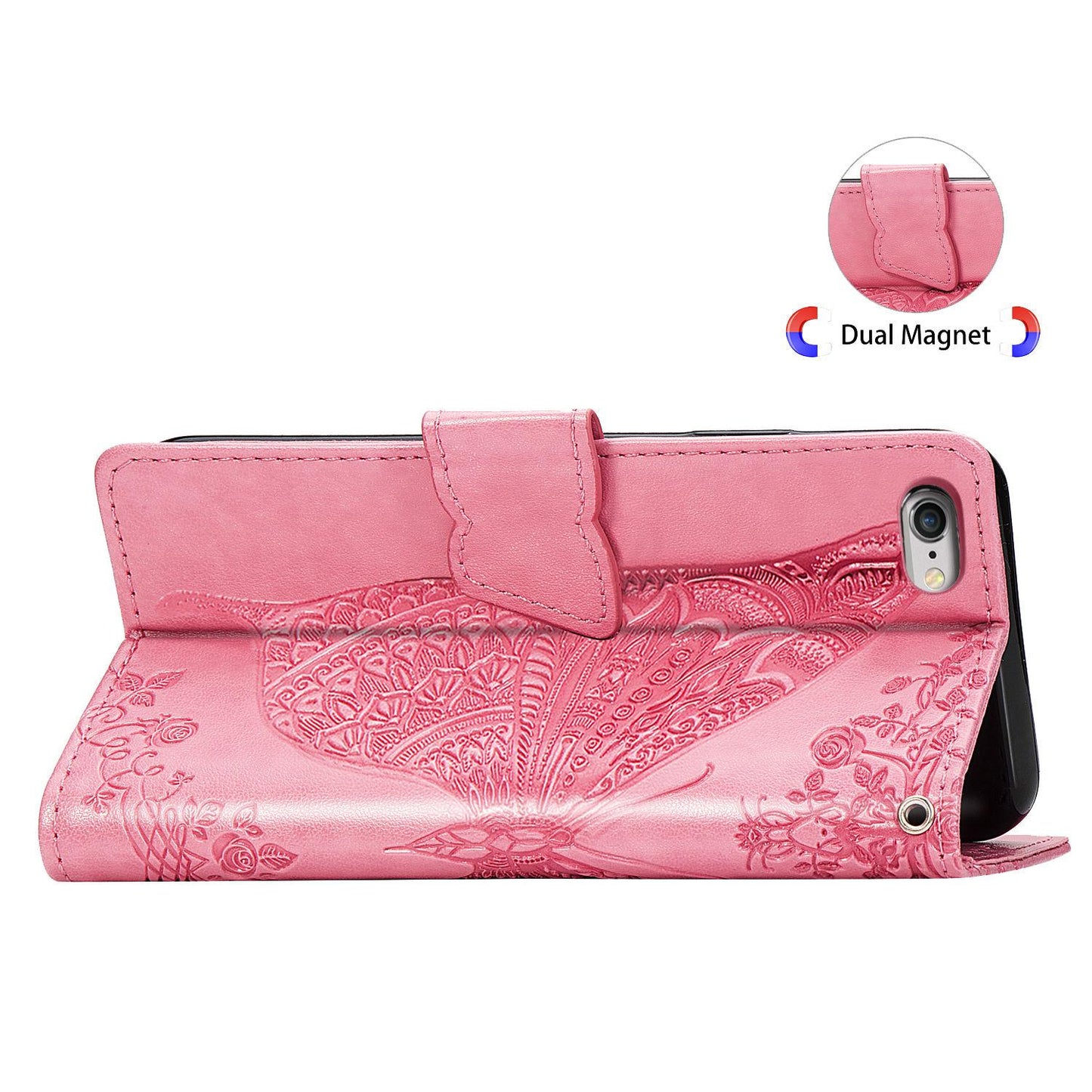 For iPhone 16e Butterfly Love Flower Embossed Leather Phone Case(Pink)