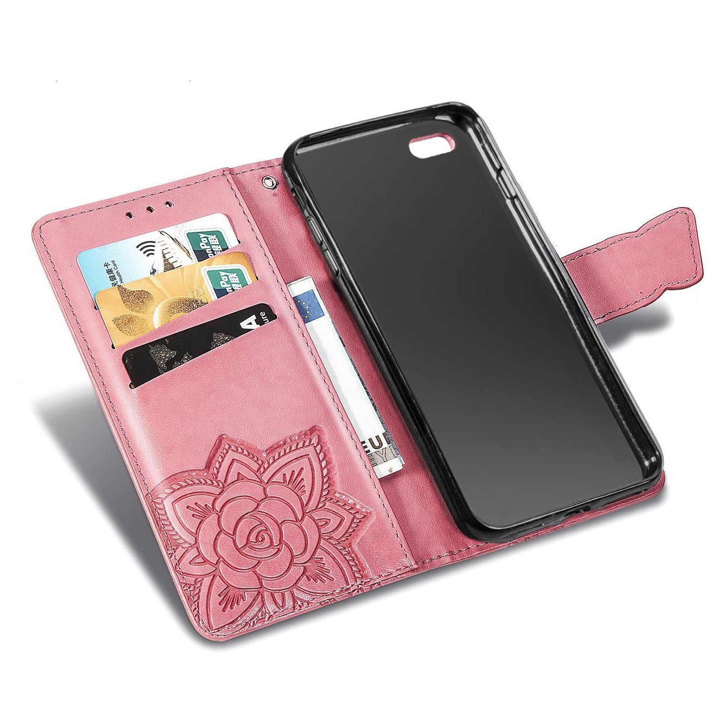For iPhone 16e Butterfly Love Flower Embossed Leather Phone Case(Pink)