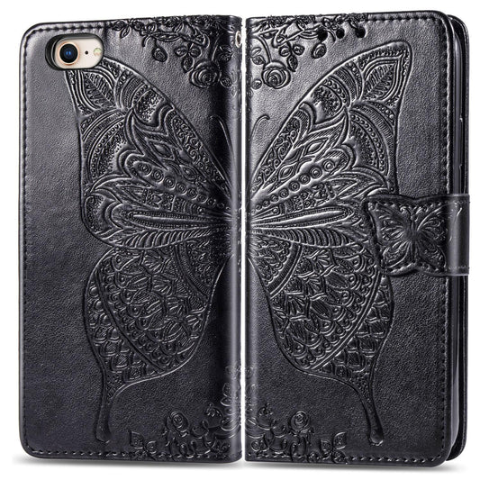 For iPhone 16e Butterfly Love Flower Embossed Leather Phone Case(Black)