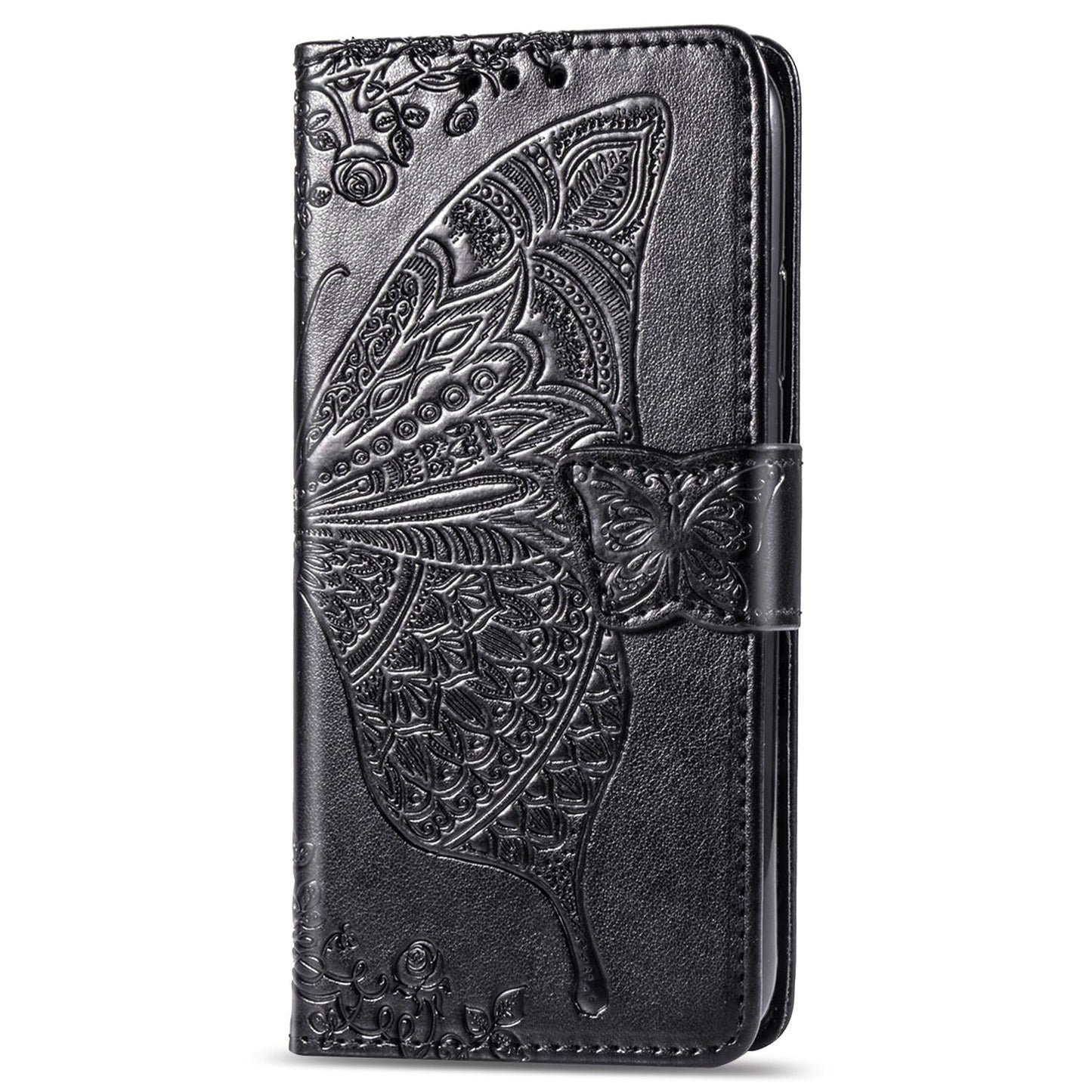 For iPhone 16e Butterfly Love Flower Embossed Leather Phone Case(Black)