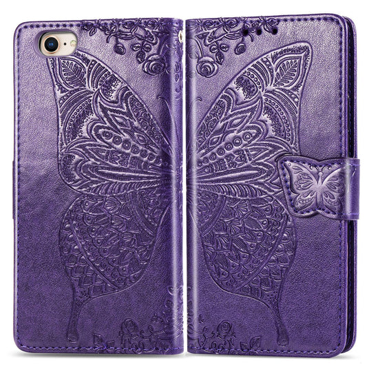 For iPhone 16e Butterfly Love Flower Embossed Leather Phone Case(Purple)