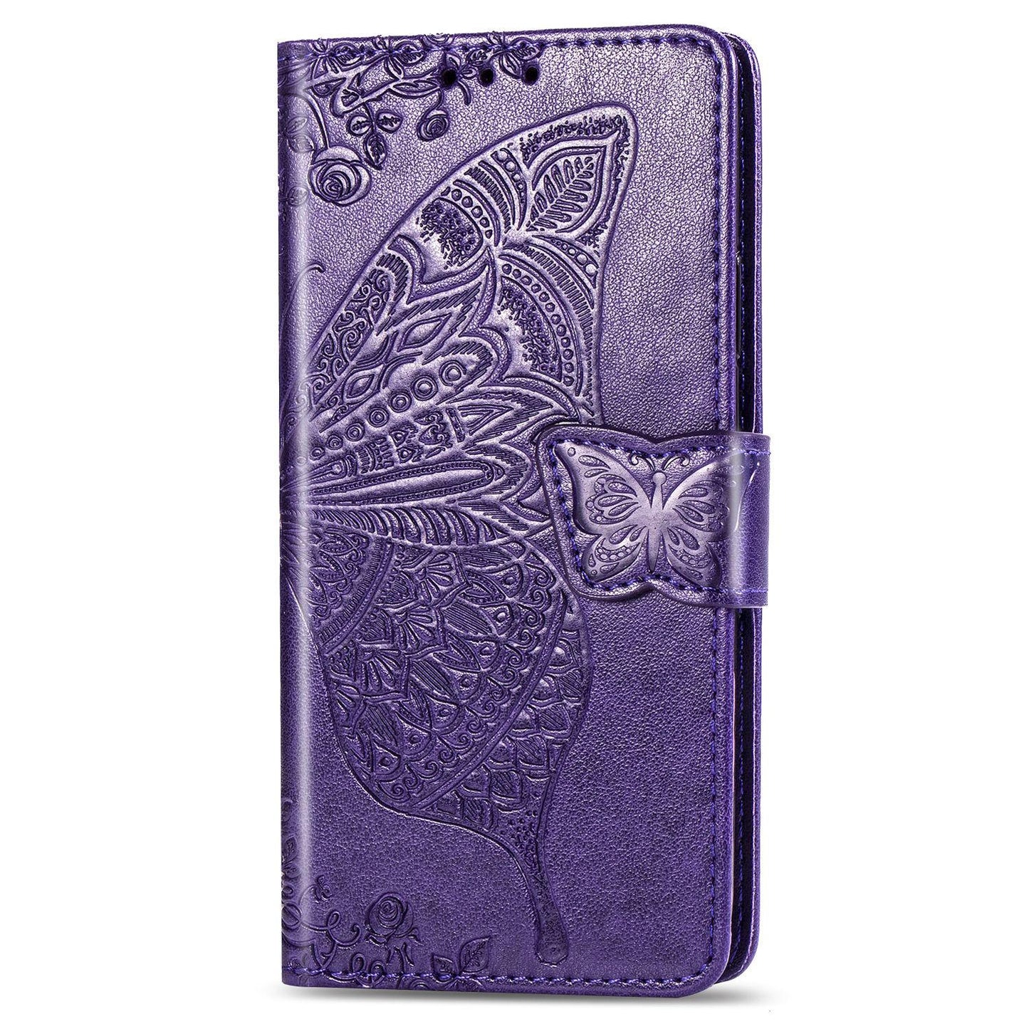 For iPhone 16e Butterfly Love Flower Embossed Leather Phone Case(Purple)
