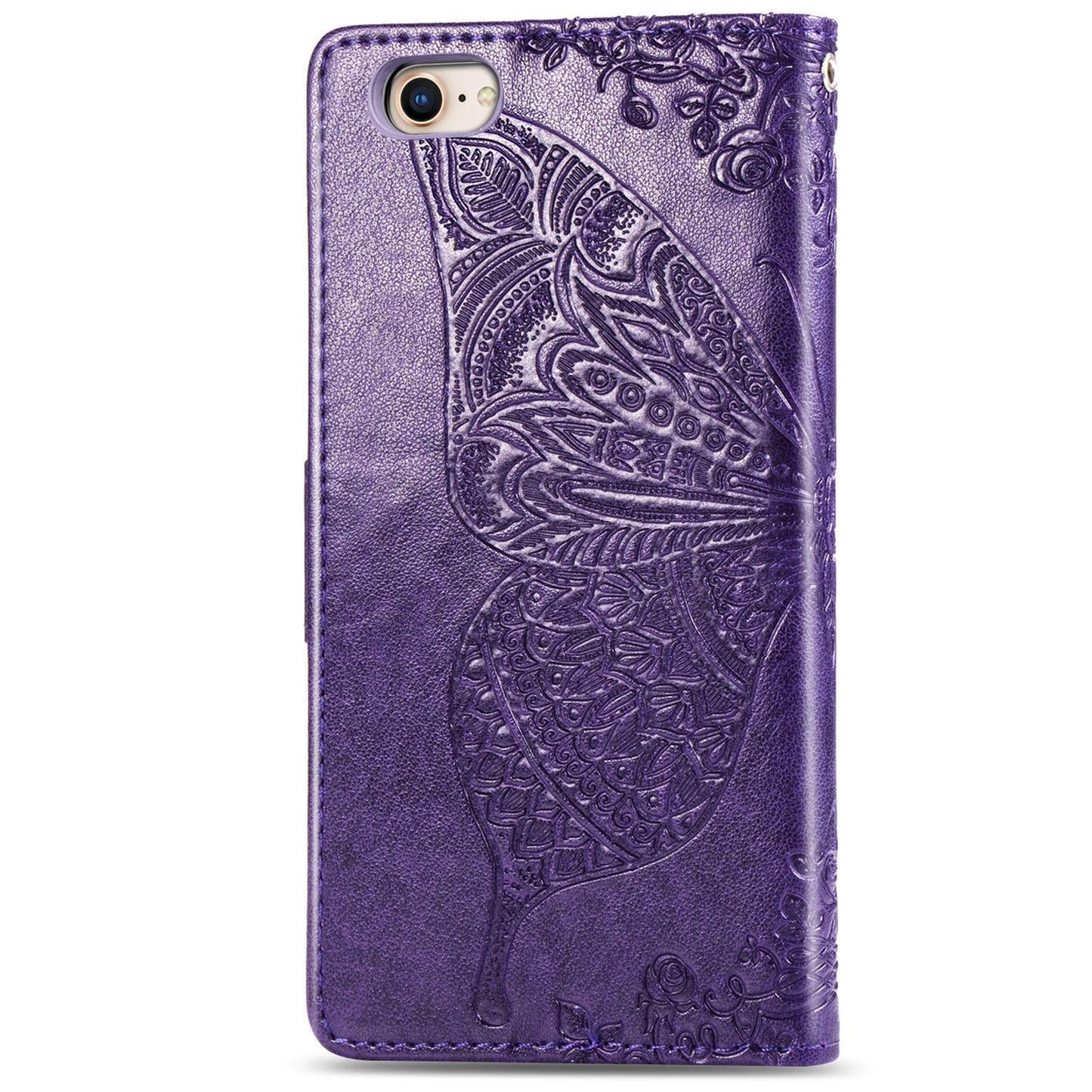 For iPhone 16e Butterfly Love Flower Embossed Leather Phone Case(Purple)