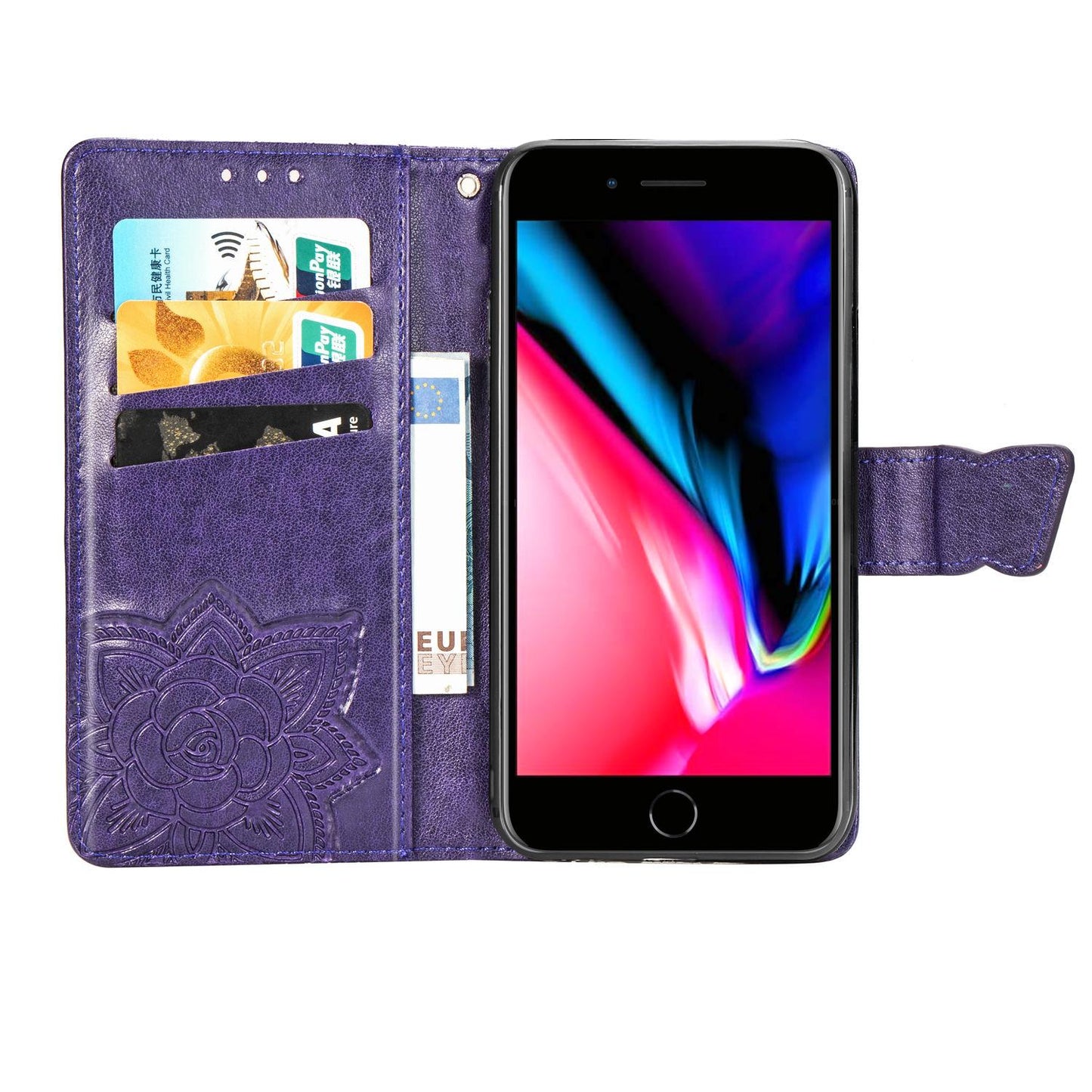 For iPhone 16e Butterfly Love Flower Embossed Leather Phone Case(Purple)