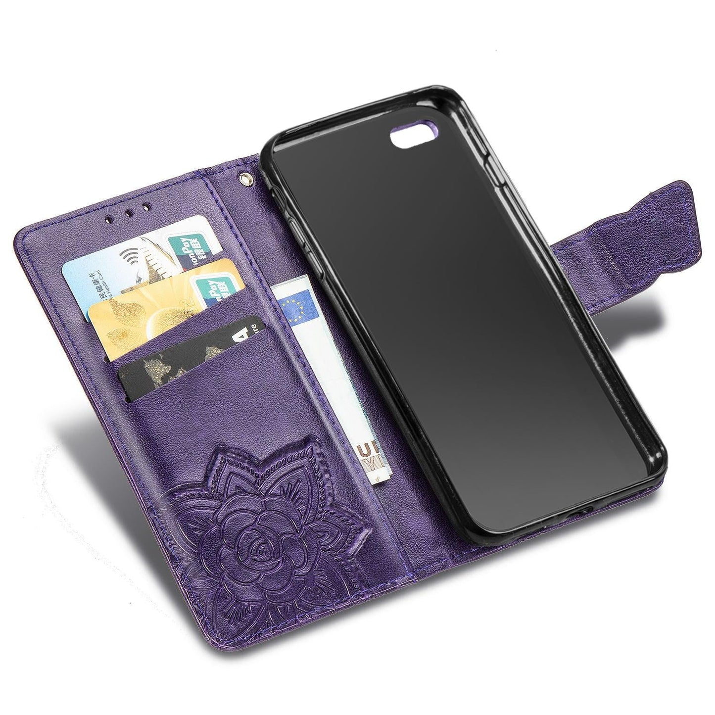 For iPhone 16e Butterfly Love Flower Embossed Leather Phone Case(Purple)