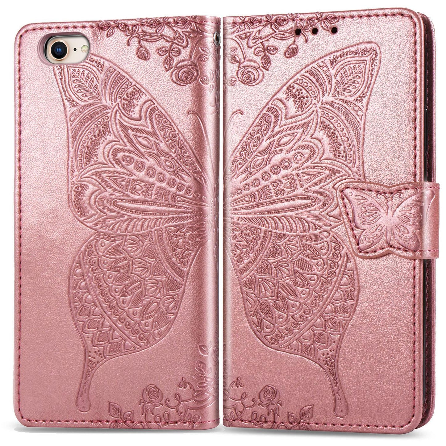 For iPhone 16e Butterfly Love Flower Embossed Leather Phone Case(Rose Gold)