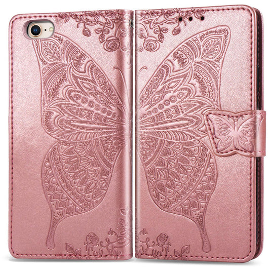 For iPhone 16e Butterfly Love Flower Embossed Leather Phone Case(Rose Gold)