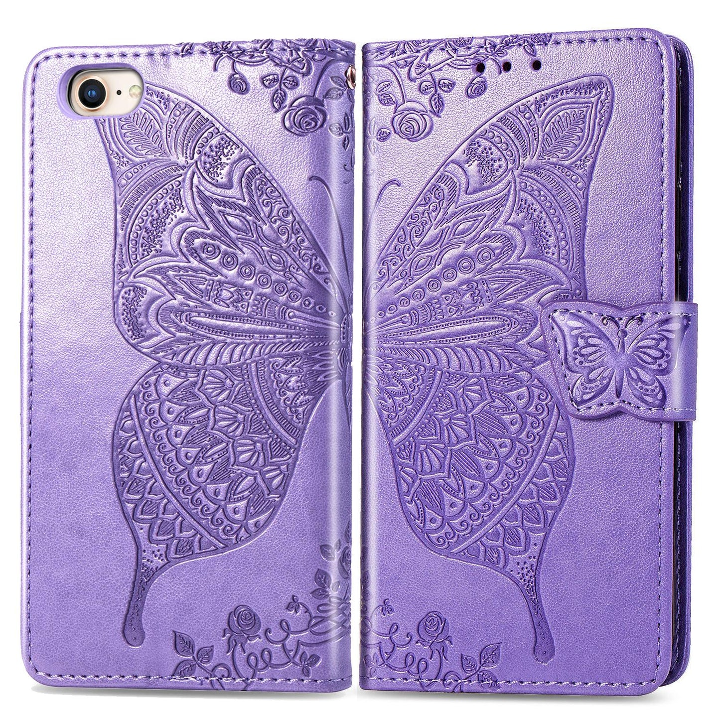 For iPhone 16e Butterfly Love Flower Embossed Leather Phone Case(Lavender)