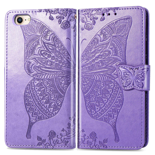 For iPhone 16e Butterfly Love Flower Embossed Leather Phone Case(Lavender)