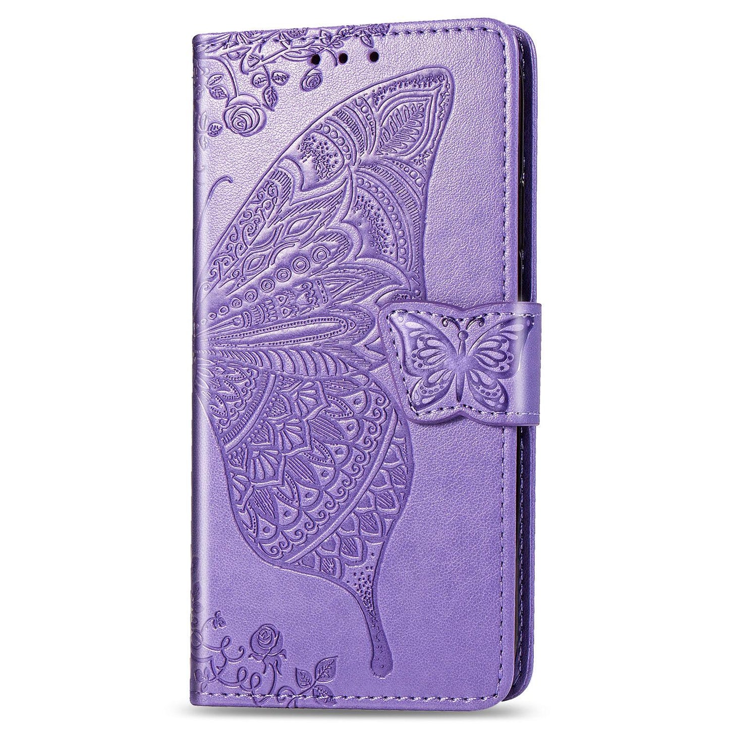 For iPhone 16e Butterfly Love Flower Embossed Leather Phone Case(Lavender)