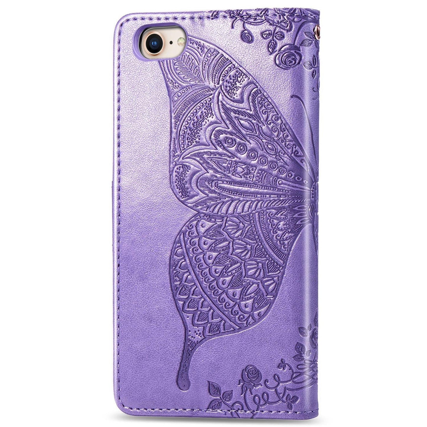 For iPhone 16e Butterfly Love Flower Embossed Leather Phone Case(Lavender)