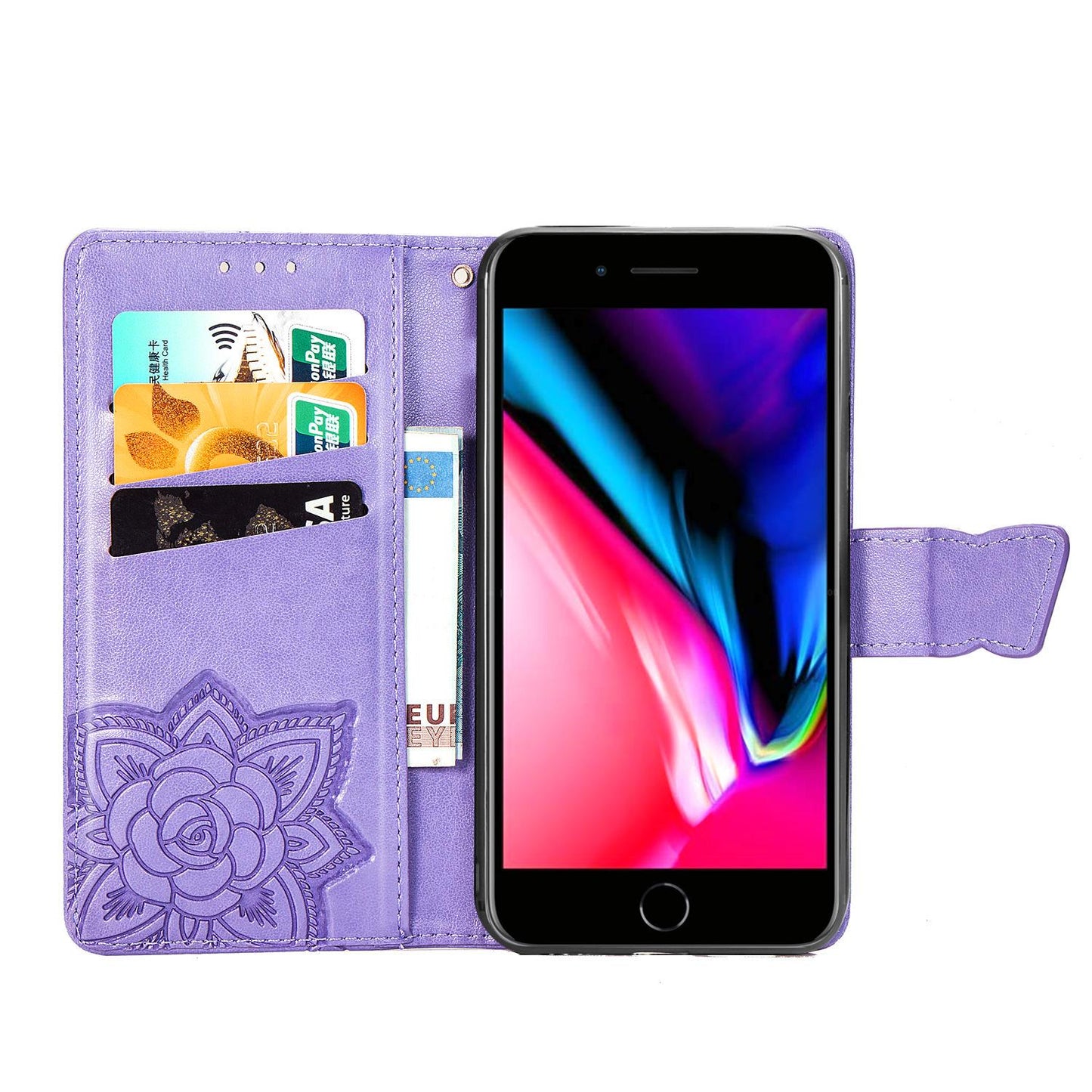 For iPhone 16e Butterfly Love Flower Embossed Leather Phone Case(Lavender)