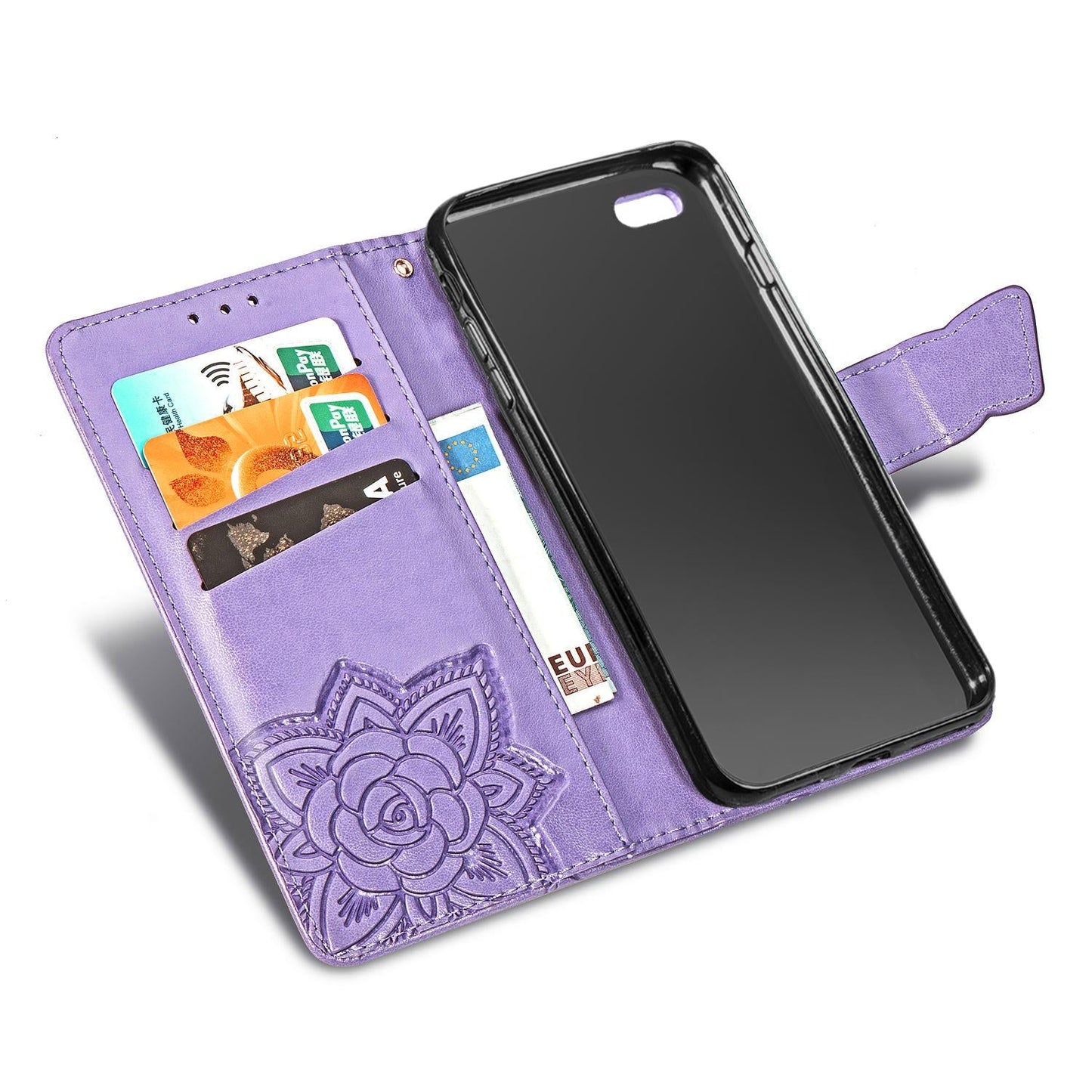 For iPhone 16e Butterfly Love Flower Embossed Leather Phone Case(Lavender)