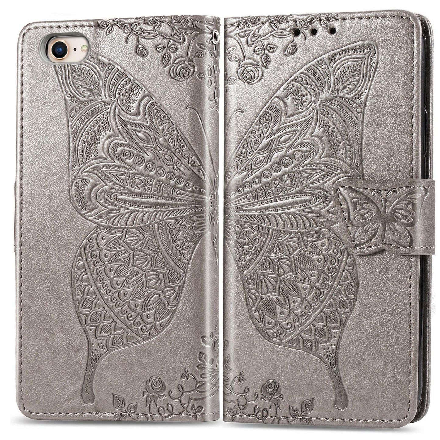 For iPhone 16e Butterfly Love Flower Embossed Leather Phone Case(Gray)