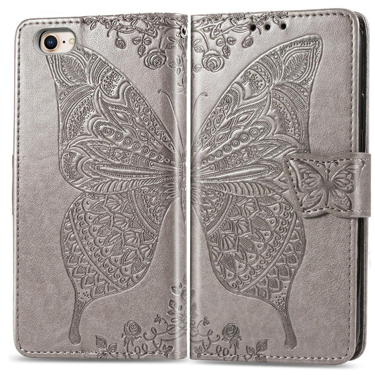 For iPhone 16e Butterfly Love Flower Embossed Leather Phone Case(Gray)