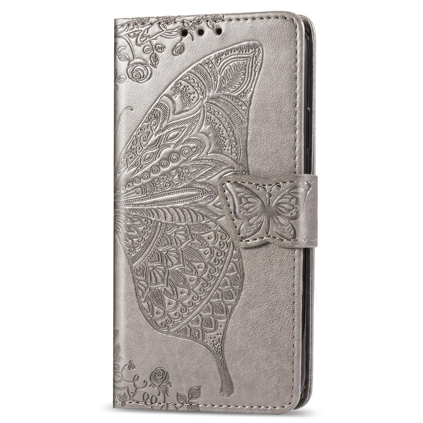 For iPhone 16e Butterfly Love Flower Embossed Leather Phone Case(Gray)