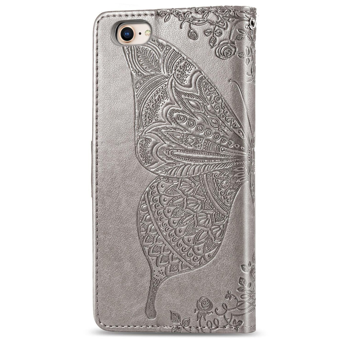 For iPhone 16e Butterfly Love Flower Embossed Leather Phone Case(Gray)