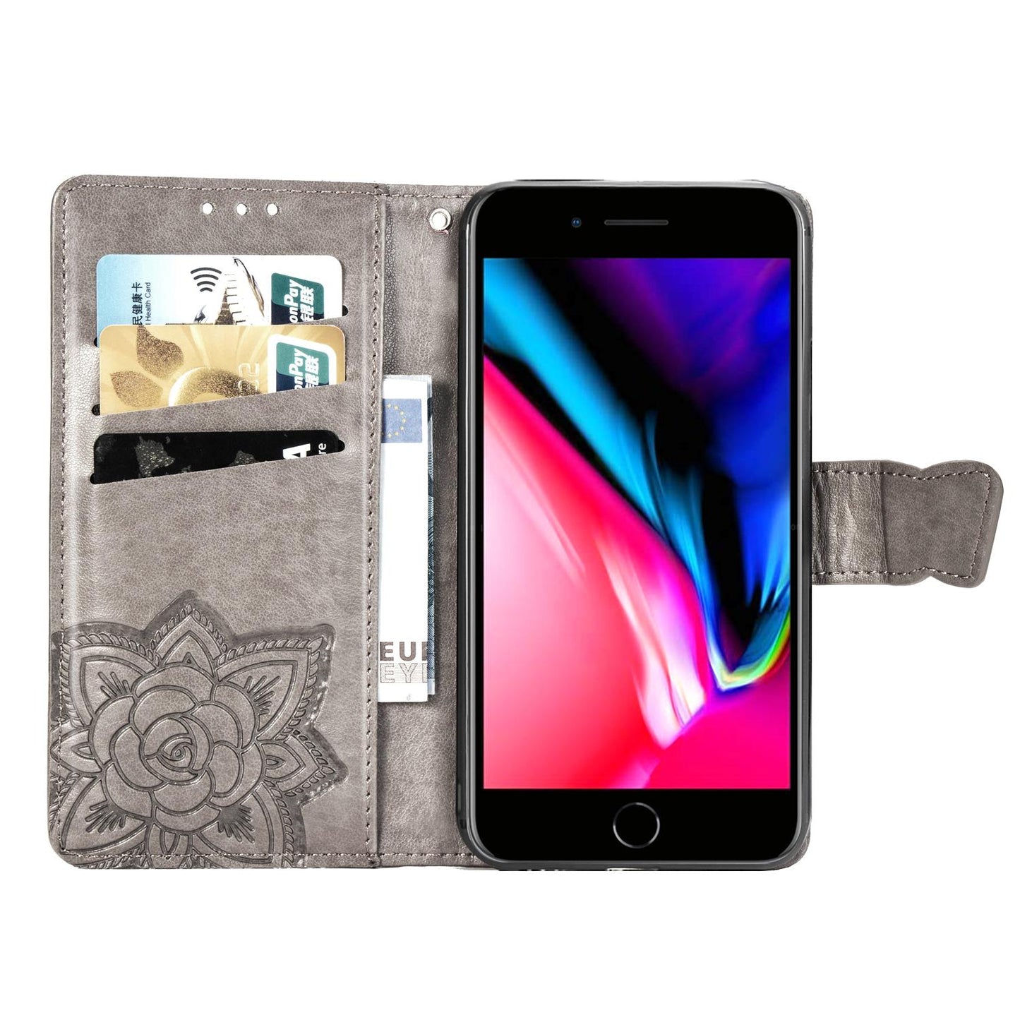 For iPhone 16e Butterfly Love Flower Embossed Leather Phone Case(Gray)