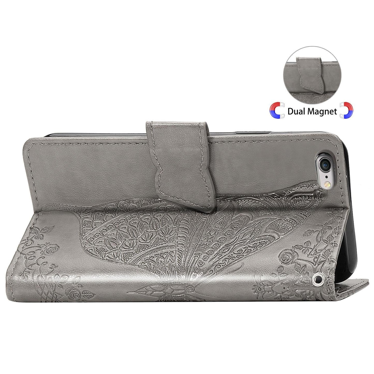 For iPhone 16e Butterfly Love Flower Embossed Leather Phone Case(Gray)