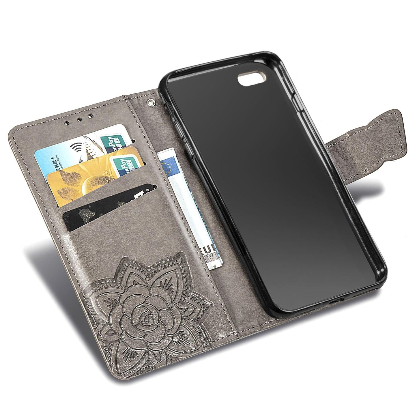 For iPhone 16e Butterfly Love Flower Embossed Leather Phone Case(Gray)
