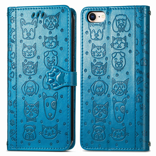 For iPhone 16e Cat and Dog Embossed Leather Phone Case(Blue)
