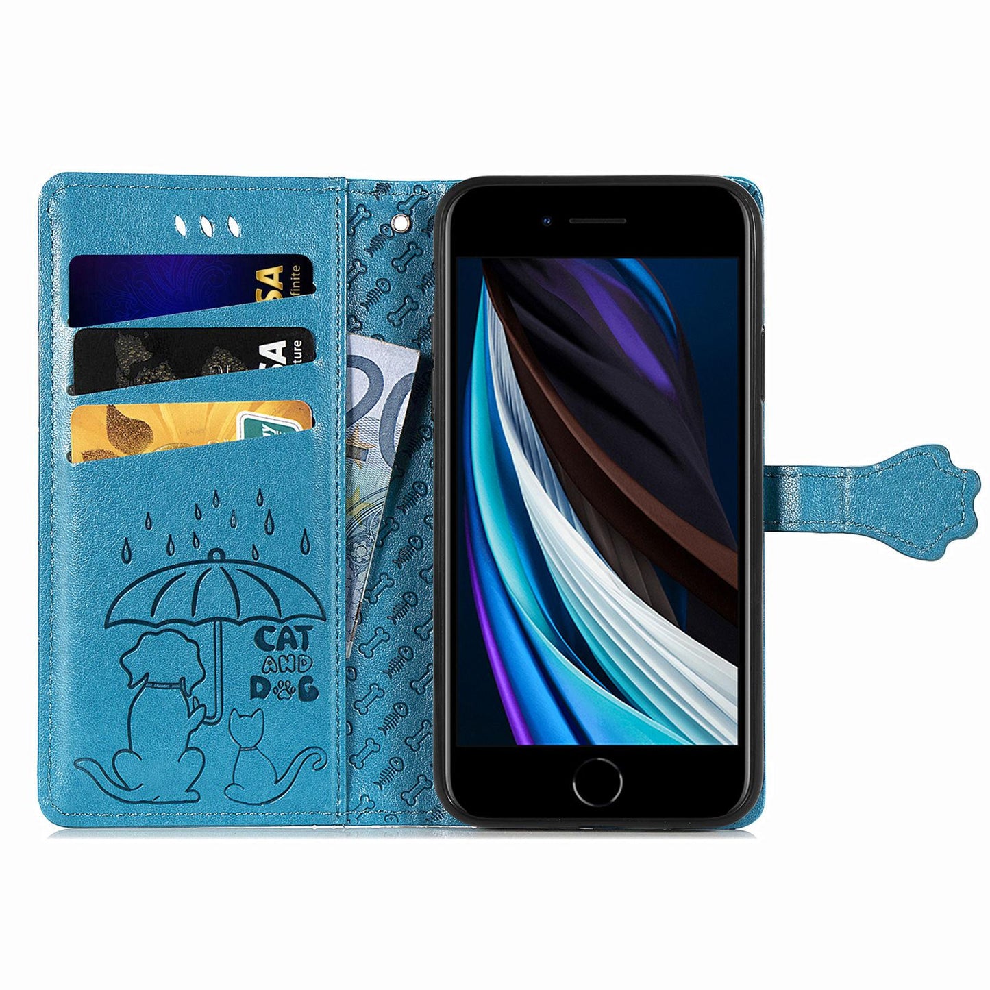 For iPhone 16e Cat and Dog Embossed Leather Phone Case(Blue)