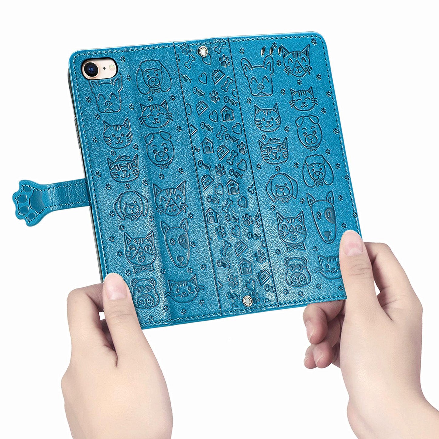 For iPhone 16e Cat and Dog Embossed Leather Phone Case(Blue)