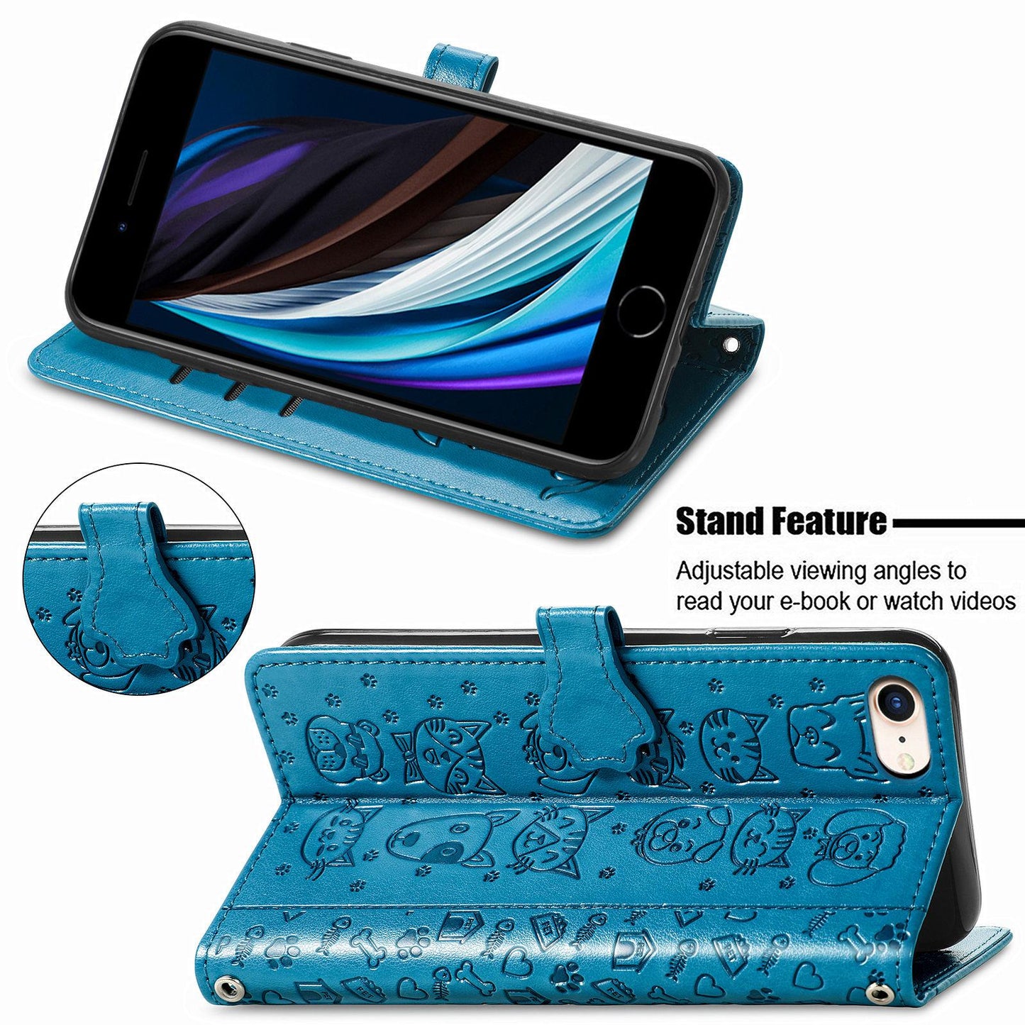 For iPhone 16e Cat and Dog Embossed Leather Phone Case(Blue)