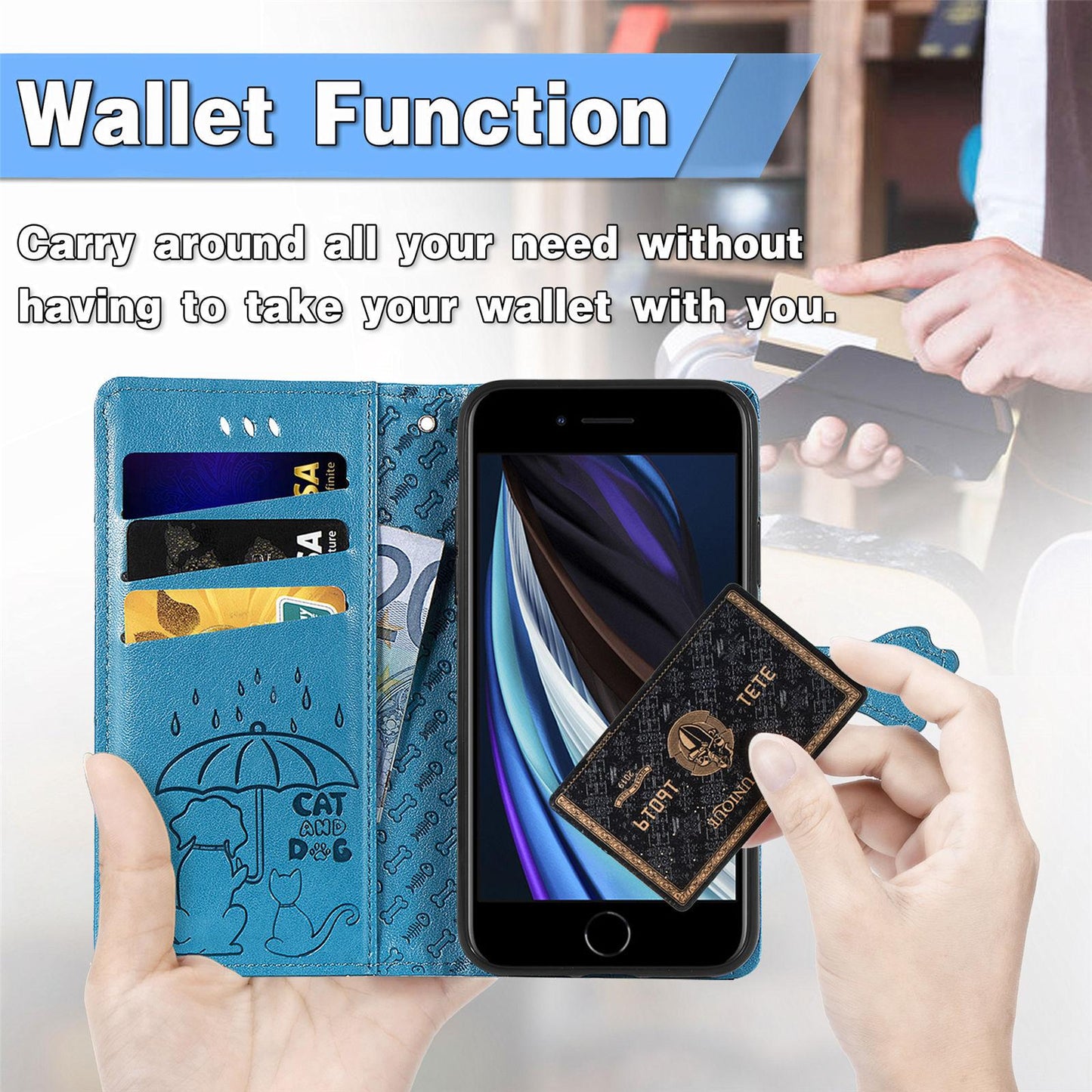 For iPhone 16e Cat and Dog Embossed Leather Phone Case(Blue)