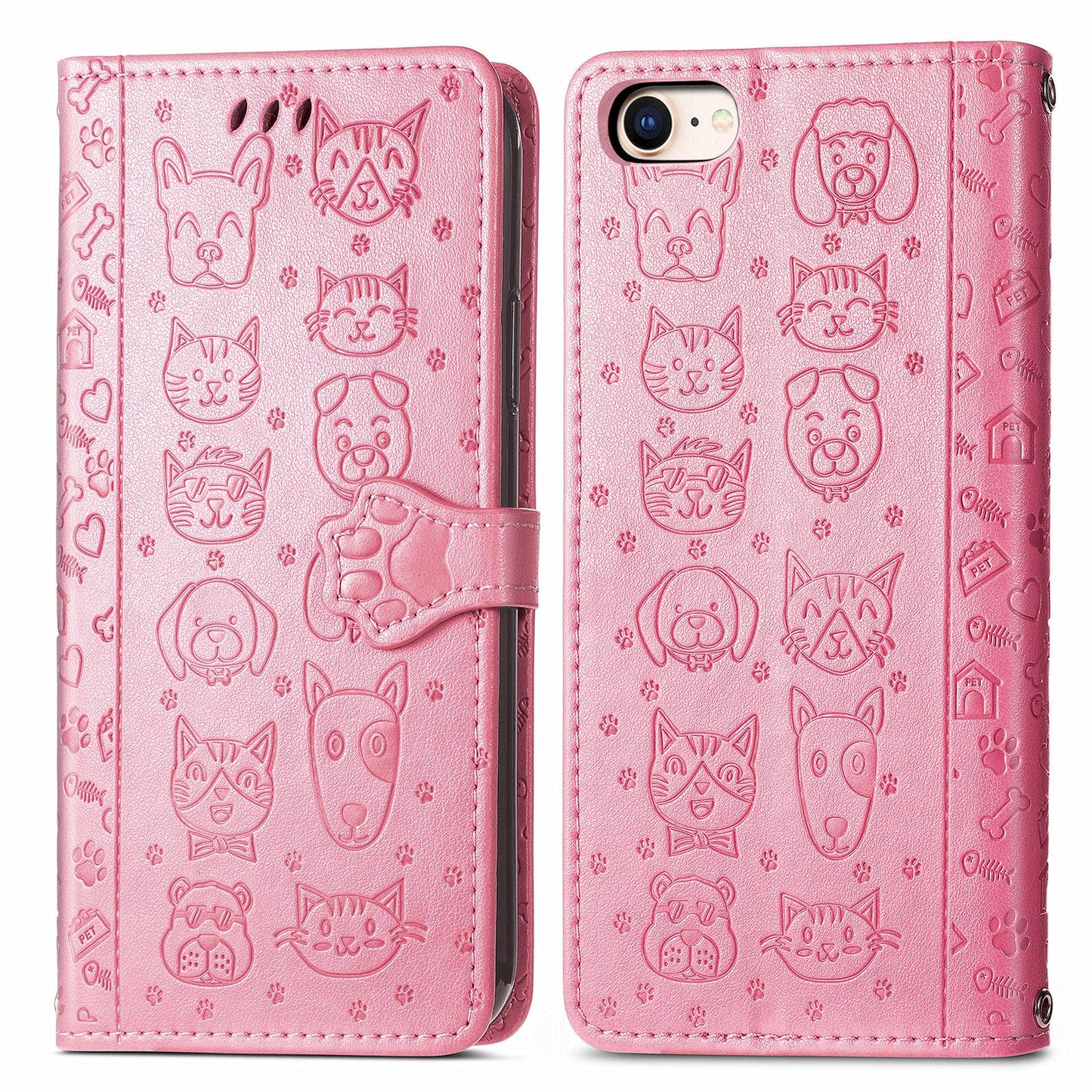 For iPhone 16e Cat and Dog Embossed Leather Phone Case(Pink)
