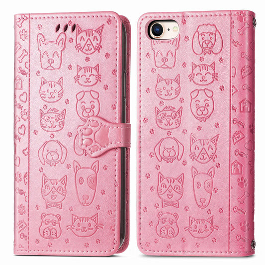 For iPhone 16e Cat and Dog Embossed Leather Phone Case(Pink)