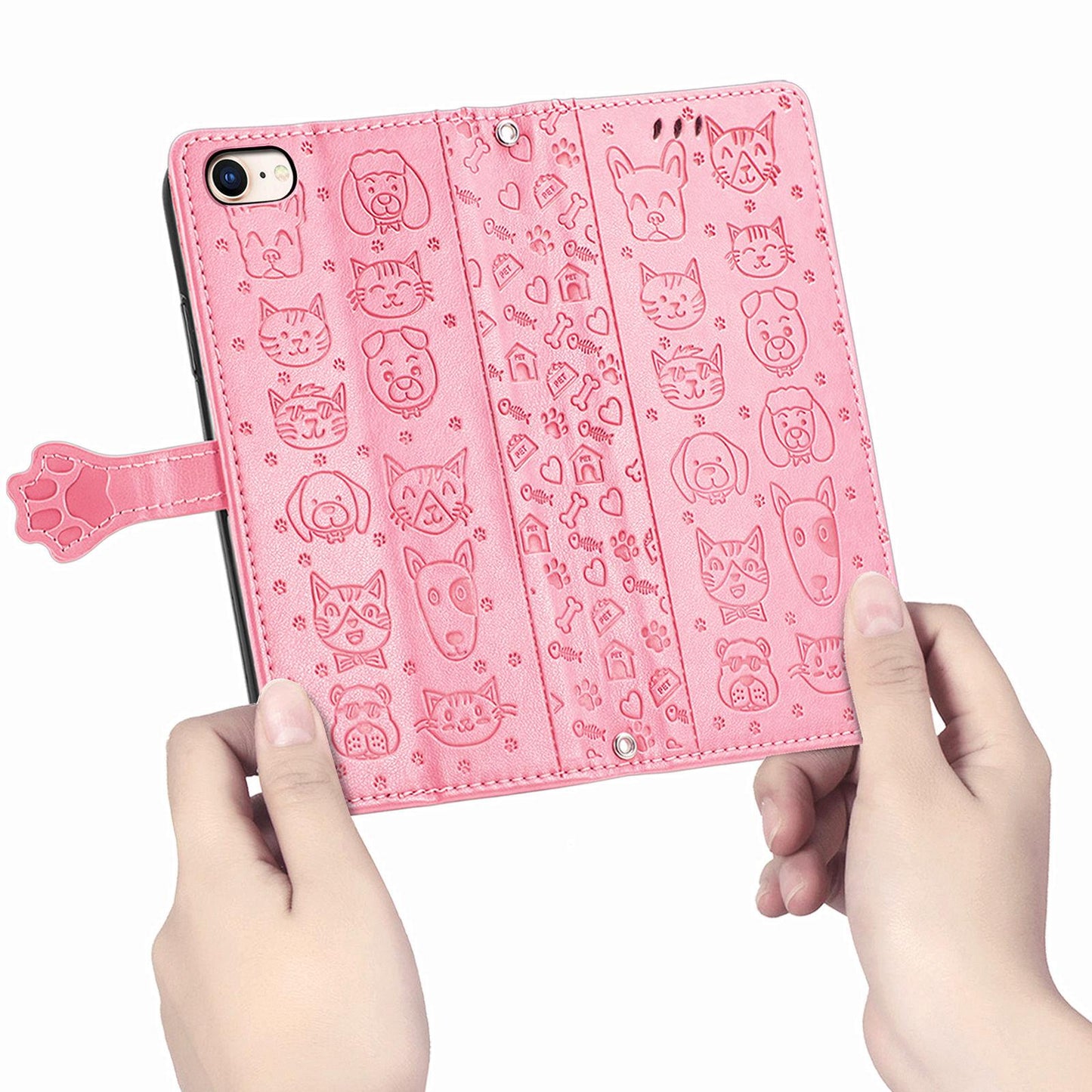 For iPhone 16e Cat and Dog Embossed Leather Phone Case(Pink)